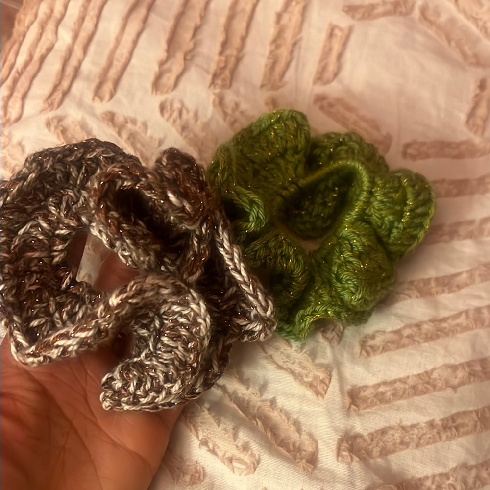 Handmade Green and Brown Hair Scrunchies